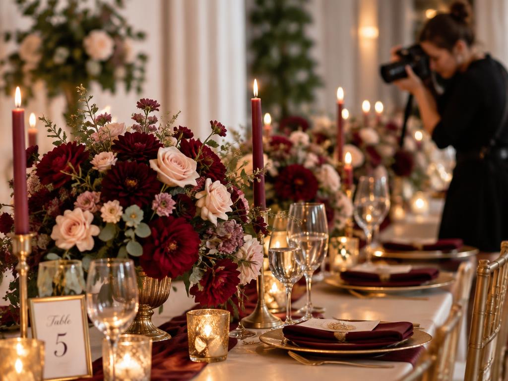 Mesa decorada com flores e fotógrafa registrando a festa