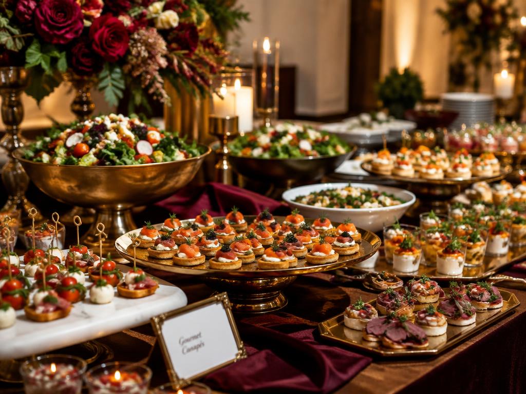 Mesa de buffet com canapés e saladas